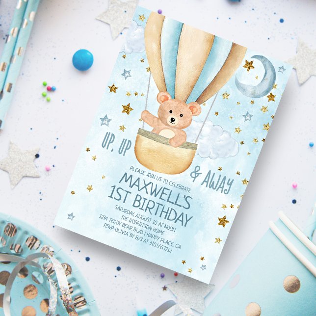 Invitation Aquarelle Hot Air Boloon Ours Garçon Anniversaire (Créateur téléchargé)