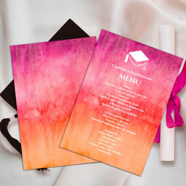 Invitation Aquarelle Hot Rose et Orange Graduation Dîner (#hotpinkandorange #whitecap #tropicaltheme #menugraduation)