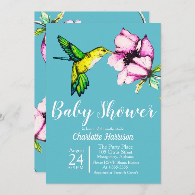 Invitation Aquarelle Hummingbird & Purple Flower Baby shower (Devant / Derrière)