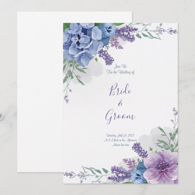 Invitation Aquarelle Hydrangea Bleu Fleur Lavande Violette Fl (Devant / Derrière)