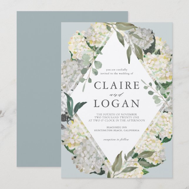 Invitation Aquarelle Hydrangea Dusty Blue Rhonbus Mariage (Devant / Derrière)