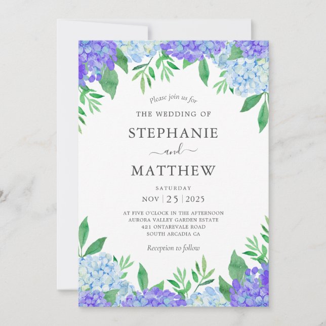 Invitation Aquarelle Hydrangea Mariage bleu violet (Devant)