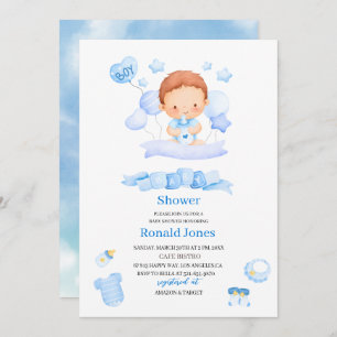 Invitation Aquarelle il est garçon Bleu Boho Nursery Baby Sho