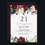 Invitation Aquarelle illustrée Automne 21e fête d'anniversair<br><div class="desc">Cette aquarelle illustrée automne 21ème anniversaire invitation est parfait pour une simple fête d'anniversaire. Le design est composé d'une aquarelle artistique peinte à la main bleu marine,  bordeaux,  rouge,  roses roux et pivoines avec d'élégants feuilles verts,  inspirant la beauté idyllique colorée de l'automne.</div>
