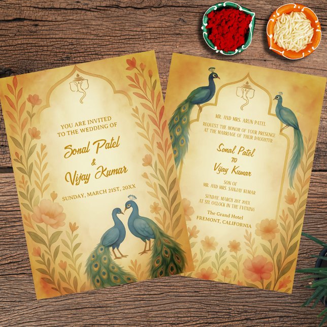 Invitation Aquarelle indienne hindoue Mariage de paon (Créateur téléchargé)