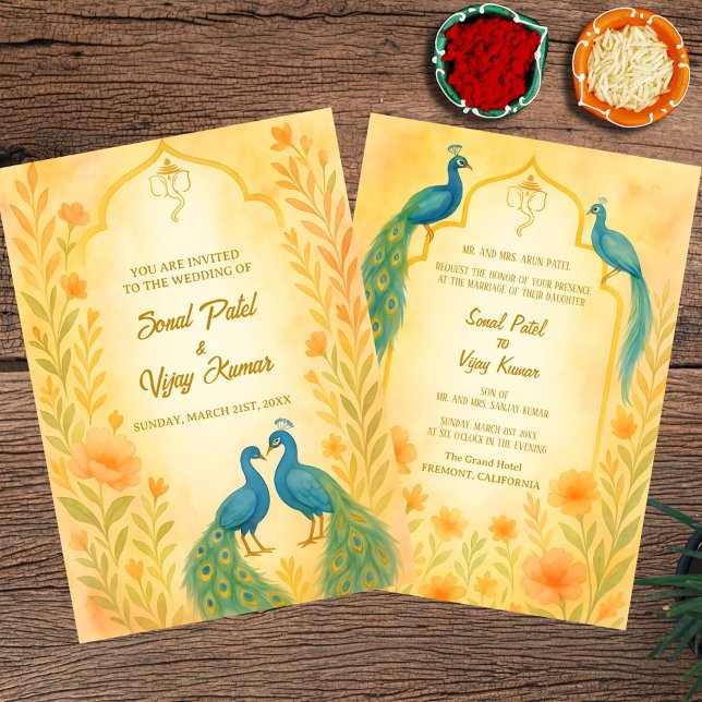 Invitation Aquarelle indienne hindoue Mariage de paon (Créateur téléchargé)