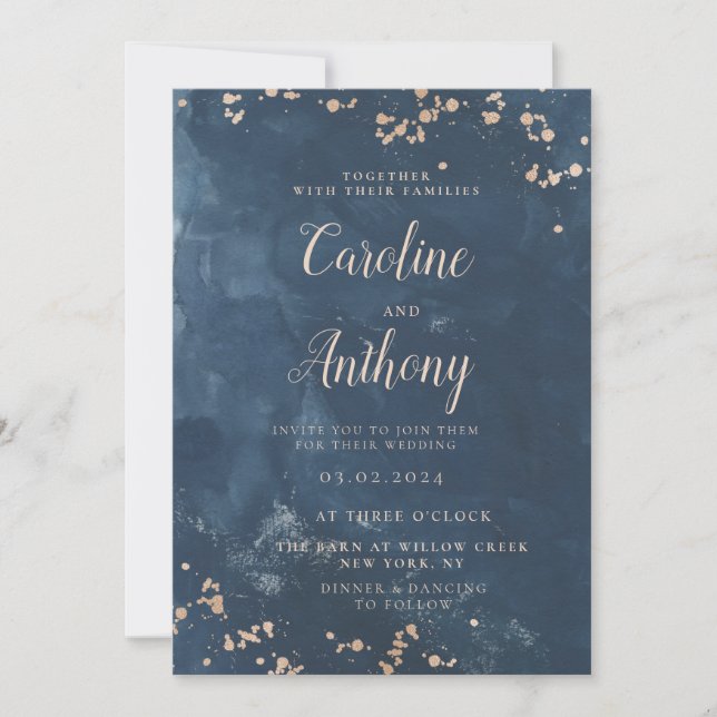 Invitation Aquarelle Indigo Blue Rose or Mariage (Devant)