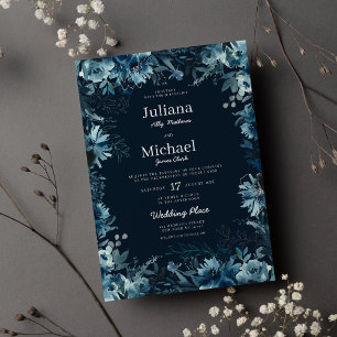 Invitation Aquarelle indigo turquoise fleurs de pivoine Maria