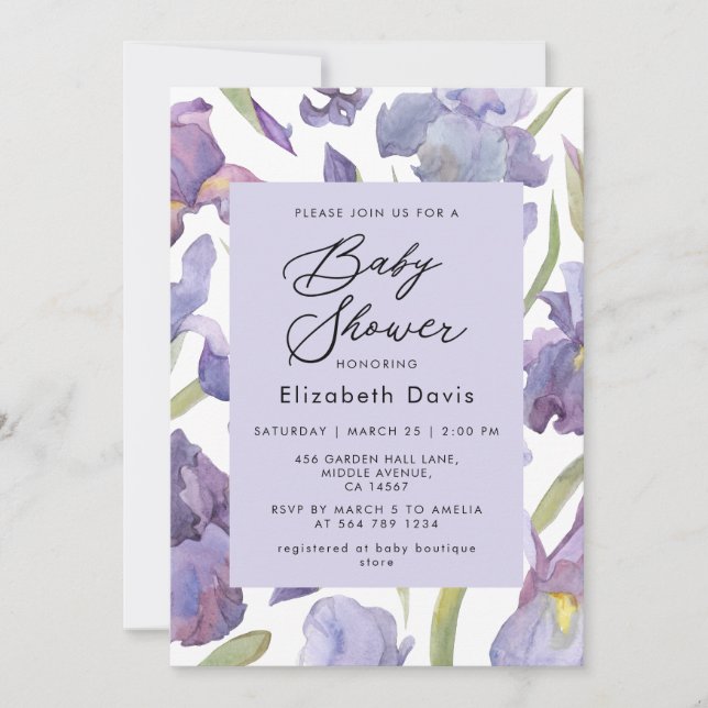 Invitation Aquarelle Iris Floral Spring Garden Baby shower (Devant)