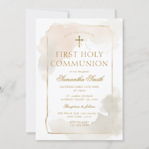 Invitation Aquarelle ivoire Croix d'or Première communion sai