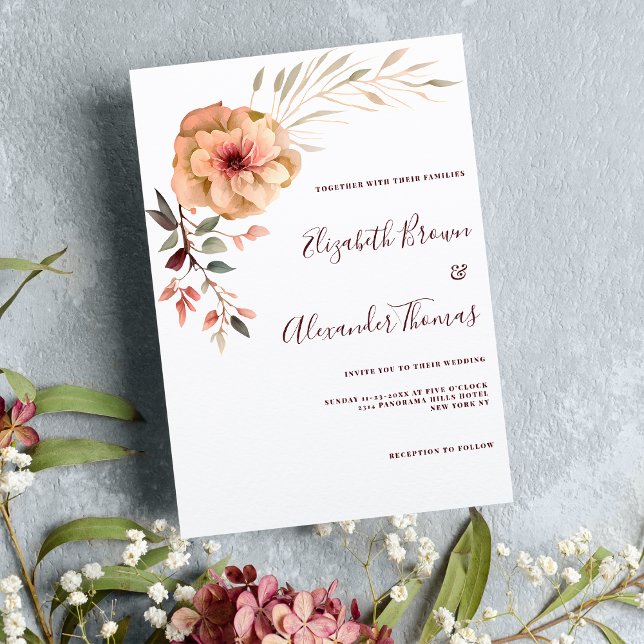 Invitation Aquarelle ivoire rose bordeaux menthe mariage (Watercolor ivory pink burgundy mint floral wedding)