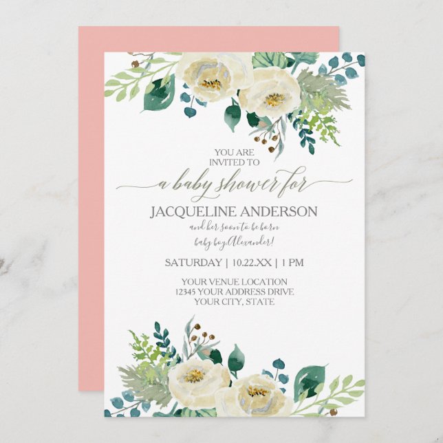 Invitation Aquarelle ivoire Rose feuille bébé fille douche Fl (Devant / Derrière)