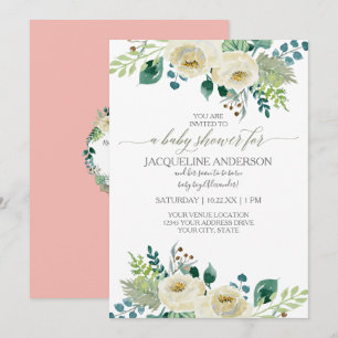 Invitation Aquarelle ivoire Rose feuille bébé fille douche Fl