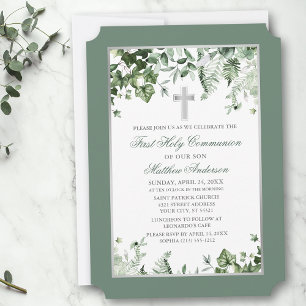 Invitation Aquarelle Ivy Ferns Sage Argent Frame Communion