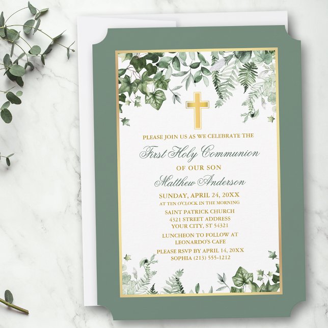 Invitation Aquarelle Ivy Ferns Sage Gold Frame Communion (Customize to change text color, size, text style or to change color of back of card.)