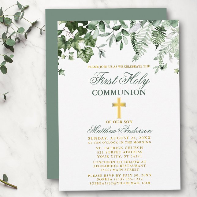 Invitation Aquarelle Ivy Ferns Sage Gold Première communion (Customize to change text color, text style or color of back of card.)