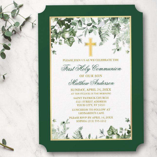 Invitation Aquarelle Ivy Ferns Sage Green Gold Communion (Customize to change text size, style, color or to add more text or photos to back of card.)