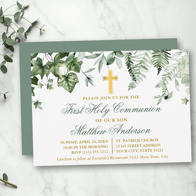 Invitation Aquarelle Ivy Ferns Sage Green Gold Communion (Customize to change text color,  size, style or to change color of back of card.)