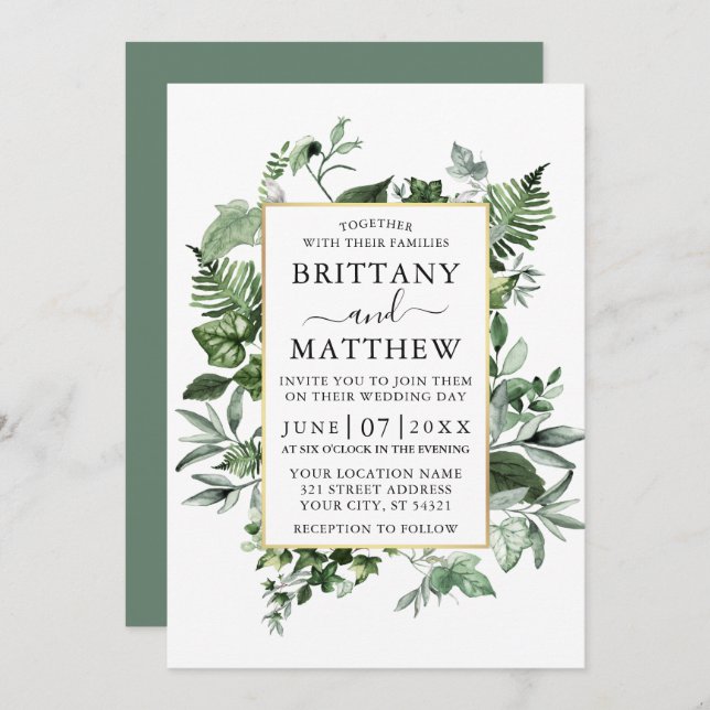 Invitation Aquarelle Ivy Ferns Sage Green Gold Mariage (Devant / Derrière)