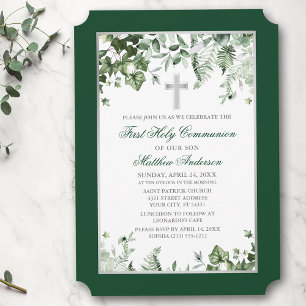 Invitation Aquarelle Ivy Ferns Sage Green Silver Communion