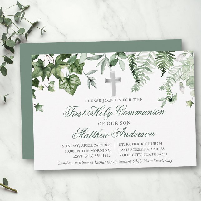 Invitation Aquarelle Ivy Ferns Sage Green Silver Communion (Customize to change text color,  size, style or to change color of back of card.)