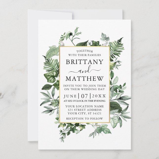 Invitation Aquarelle Ivy Ferns Sage Greenery Gold Mariage (Devant)
