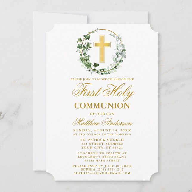 Invitation Aquarelle Ivy Wreath First Communion Gold (Devant)