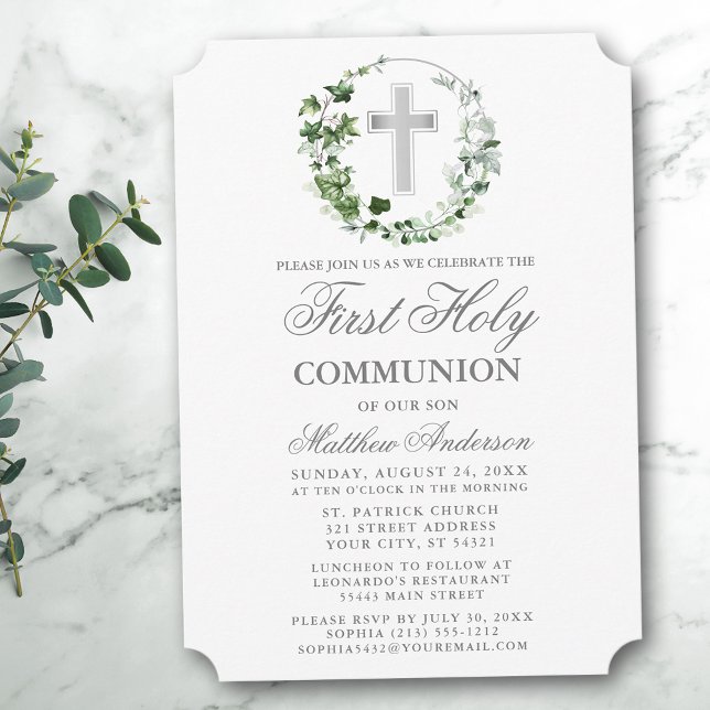 Invitation Aquarelle Ivy Wreath Première communion Argent (Customize to change text size, color or text style.)