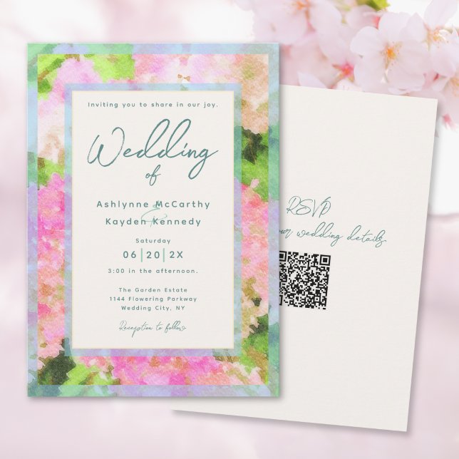 Invitation Aquarelle Jardin d'hortensia rose Code QR Mariage (Créateur téléchargé)