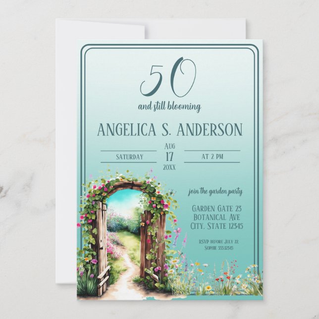 Invitation Aquarelle jardin fleuri lumière Turquoise 50e anni (Devant)