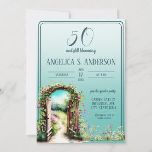 Invitation Aquarelle jardin fleuri lumière Turquoise 50e anni