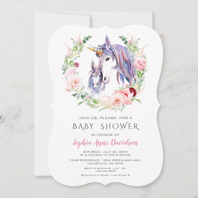 Invitation Aquarelle Jardin Fleurs Unicorn Baby shower (Devant)