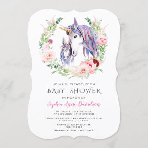 Invitation Aquarelle Jardin Fleurs Unicorn Baby shower