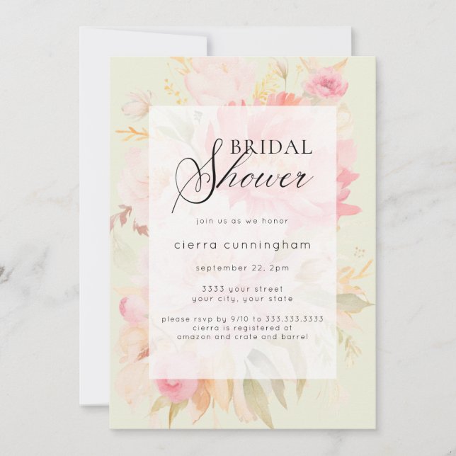 Invitation Aquarelle Jardin rose pivoine Fête des mariées flo (Devant)