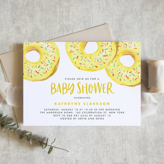 Invitation Aquarelle Jaune arroser Baby shower des beignes (Watercolor Yellow Sprinkle Donuts Baby Shower Invitation)