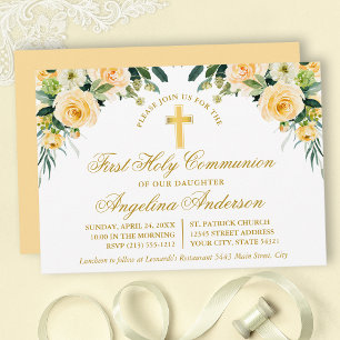 Invitation Aquarelle Jaune Blanc Floral Communion Or