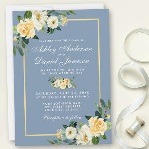 Invitation Aquarelle Jaune Blanc Floral Dusty Blue Mariage