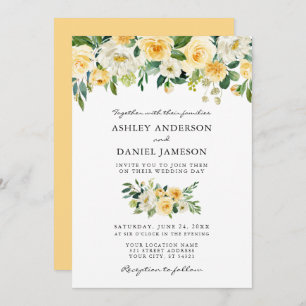 Invitation Aquarelle Jaune Blanc Floral Élégant Mariage