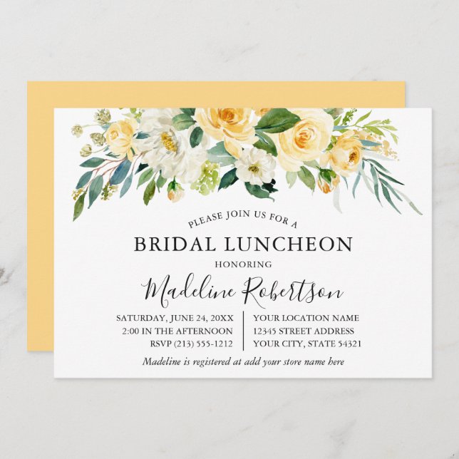 Invitation Aquarelle Jaune Blanc Floral Nuptiale (Devant / Derrière)