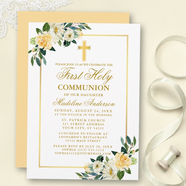 Invitation Aquarelle Jaune Blanc Floral Première Communion (Customize to change text color, text style or color of back of card.)