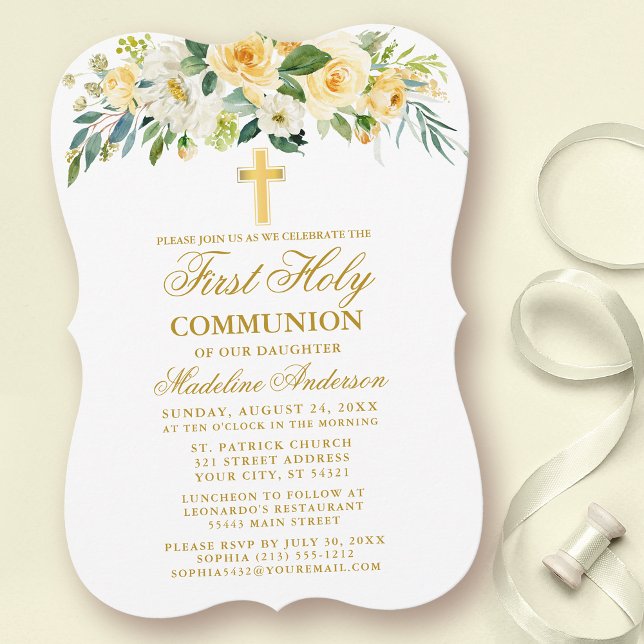 Invitation Aquarelle Jaune Blanc Floral Première Communion (Customize to change text size, style, color or to add more text or photos to back of card.)