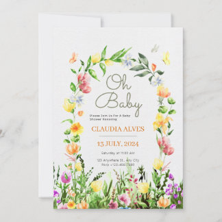 Invitation aquarelle jaune botanique babyshower fleurie