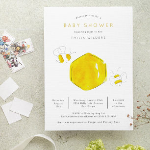 Invitation Aquarelle jaune Bumble Bee Hive Baby shower