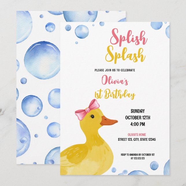Invitation Aquarelle Jaune Canard Bébé Fille Anniversaire (Devant / Derrière)