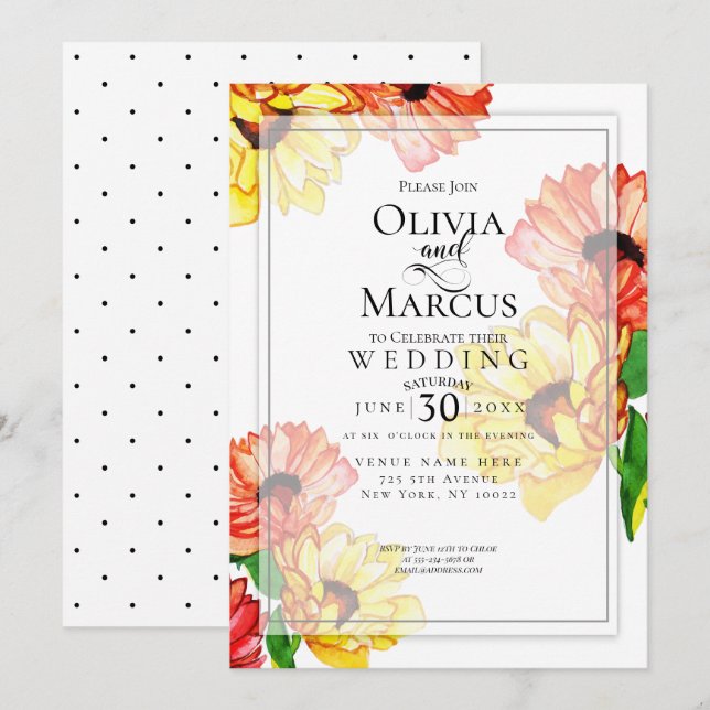 Invitation Aquarelle Jaune et Rouge Gerbera Daisis (Devant / Derrière)