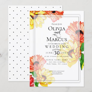 Invitation Aquarelle Jaune et Rouge Gerbera Daisis