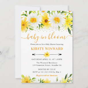Invitation Aquarelle Jaune Fleurs d'été Baby shower