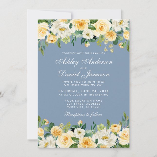 Invitation Aquarelle Jaune Floral Dusty Blue Mariage (Devant)
