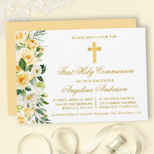 Invitation Aquarelle Jaune Floral Or Première Communion