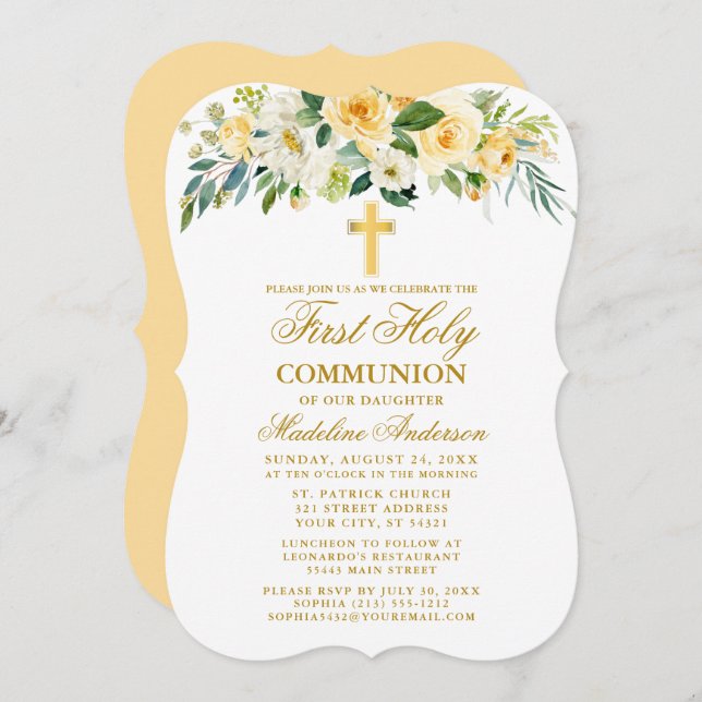 Invitation Aquarelle Jaune Floral Première Communion Or (Devant / Derrière)